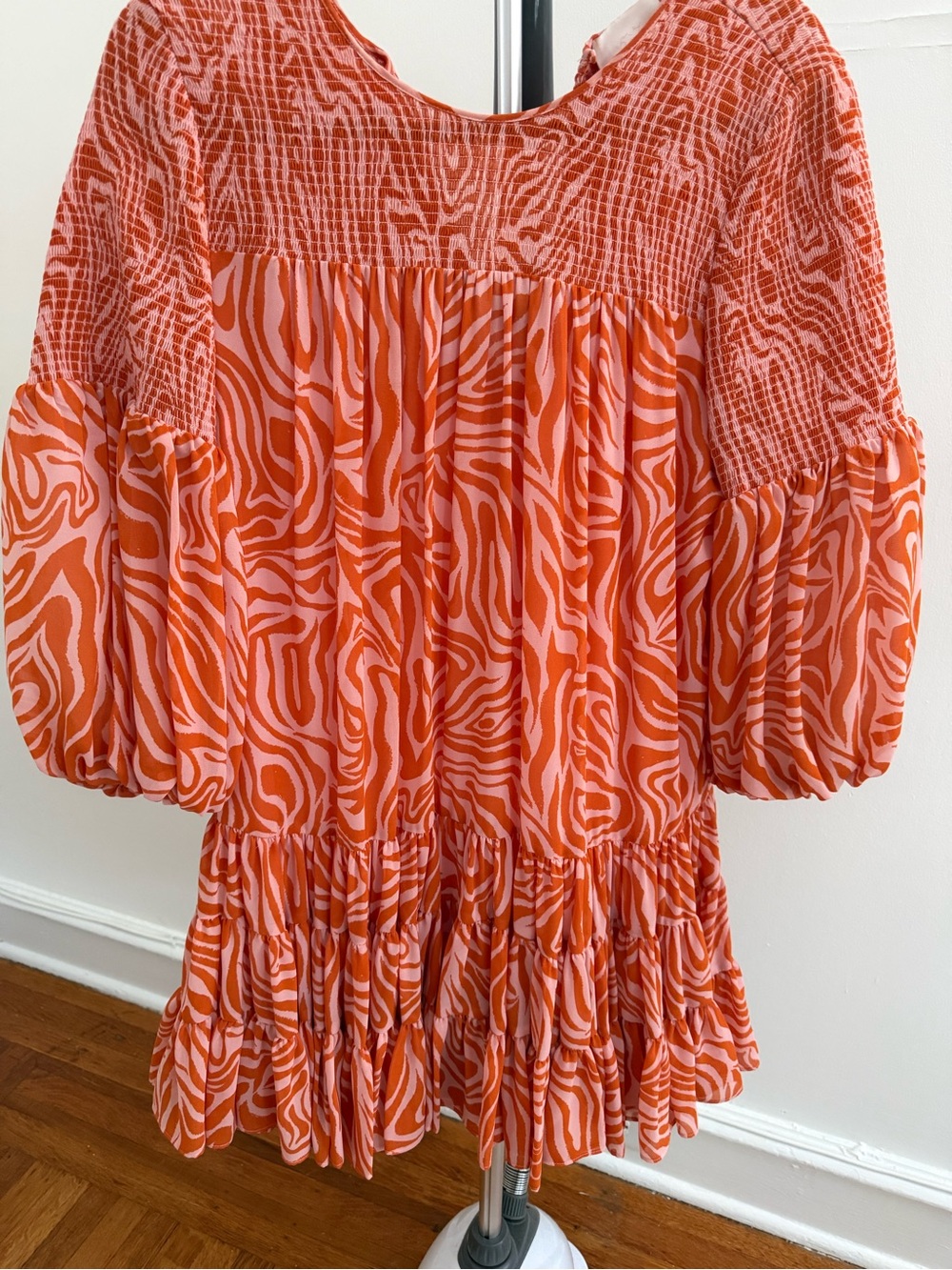 cinq à sept Coral and Light Pink Smocked Zebra-Print Dress
